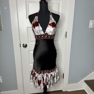 VTG Y2K Mac Duggal Couture Halter Mini Dress with Rhinestones and Beading